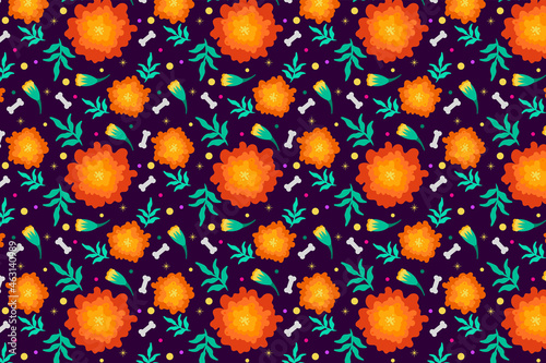 Fondo con patrón de día de muertos con flores de cempasúchil y huesos.