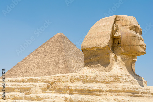 Sphinx and the great pyramid in Giza Necropolis, Egypt