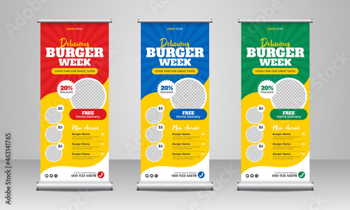 Fast food restaurant business marketing roll up or x banner template design with abstract background, logo and social media icon. Pizza, burger & healthy food sale web banner, rack card or flyer      