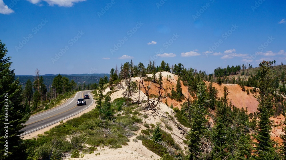 Bryce Canyon National Park in Utah.Rocky mountains erode and color a variety of landscapes.
park road.wide. Bryce Canyon National Park in Utah.Rocky mountains erode and color a variety of landscapes.
park road.wide.