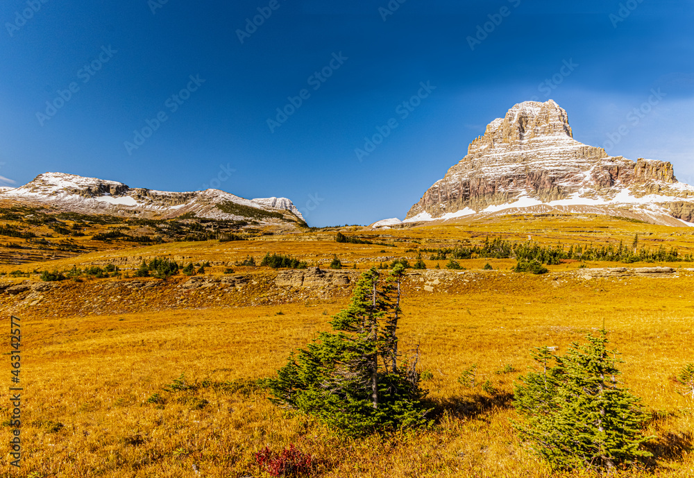 Obraz premium Snow Capped Reynolds Mountain and Hidden Lake Pass, Glacier National Park, Montana, USA