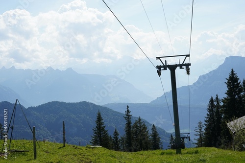 Ski lift in summer. Region Rigi Kulm. Snow sport area is popular in summer  too. There are hiking trails with views on Swiss alps.