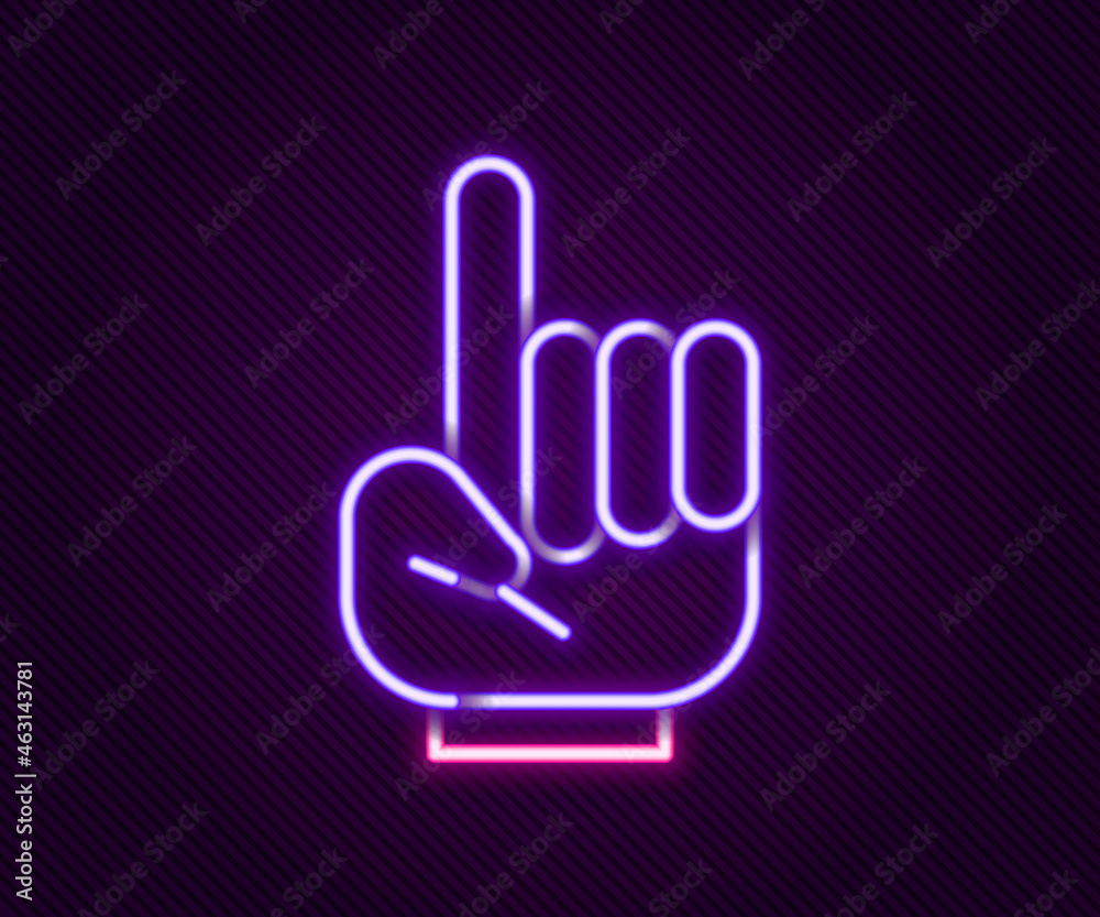 Glowing neon line Number 1 one fan hand glove with finger raised icon isolated on black background. Symbol of team support in competitions. Colorful outline concept. Vector Glowing neon line Number 1 one fan hand glove with finger raised icon isolated on black background. Symbol of team support in competitions. Colorful outline concept. Vector