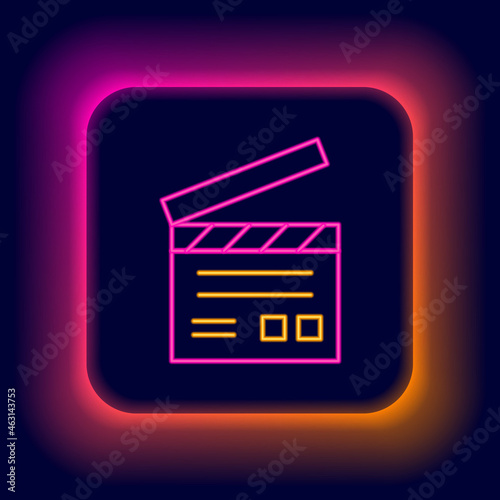 Glowing neon line Movie clapper icon isolated on black background. Film clapper board. Clapperboard sign. Cinema production or media industry. Colorful outline concept. Vector