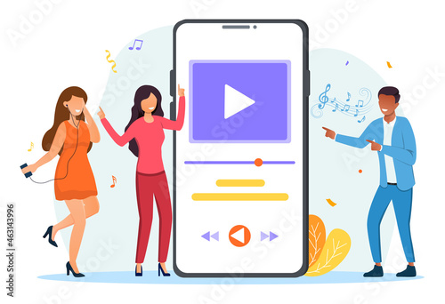 Online music app concept. Women and a man stand next to a large phone and listen to their favorite music through a special application. Cartoon flat vector illustration isolated on a white background
