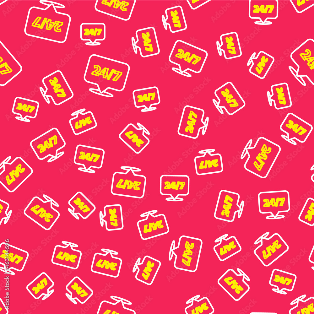Line Clock 24 hours icon isolated seamless pattern on red background. All day cyclic icon. 24 hours service symbol. Vector Line Clock 24 hours icon isolated seamless pattern on red background. All day cyclic icon. 24 hours service symbol. Vector