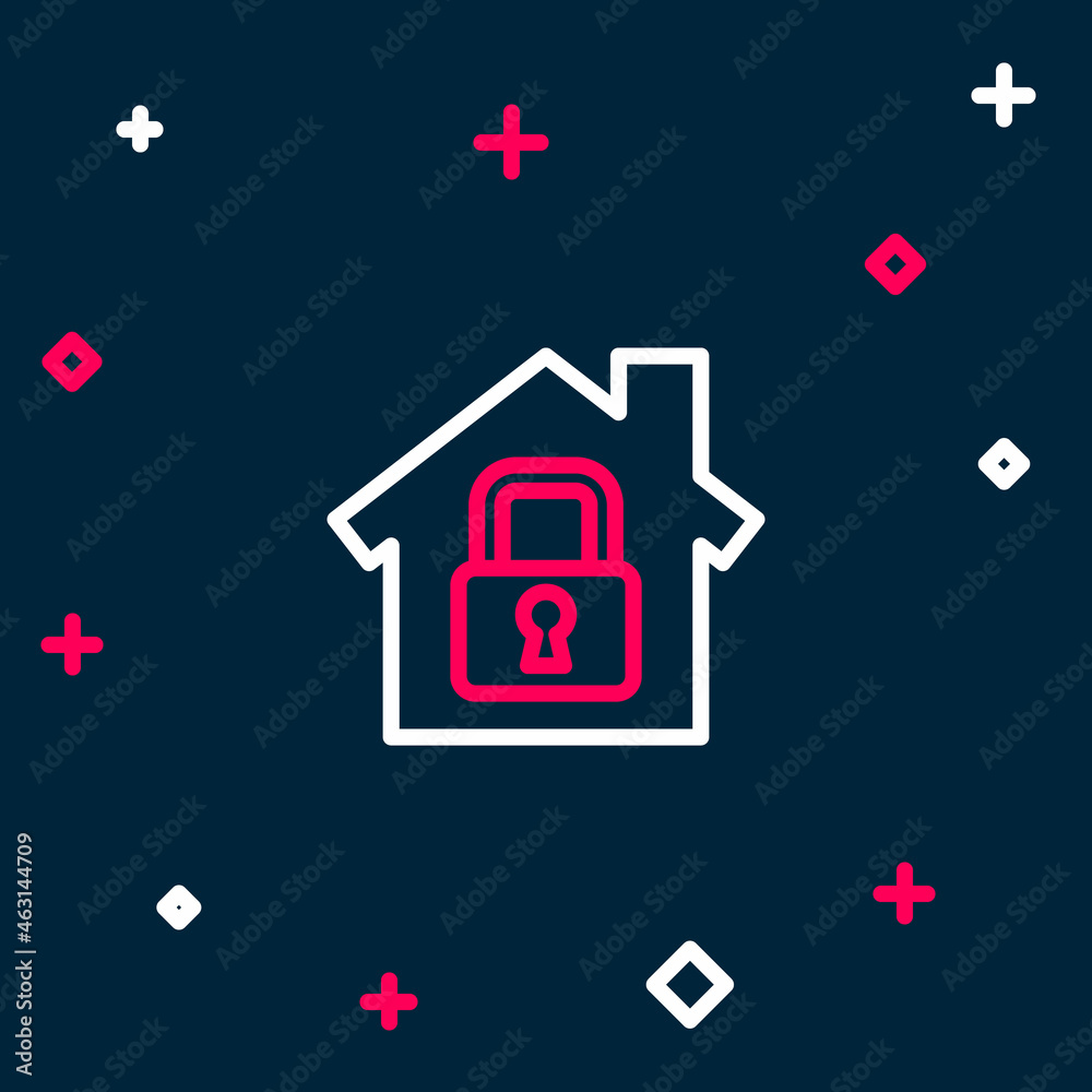 Line House under protection icon isolated on blue background. Home and lock. Protection, safety, security, protect, defense concept. Colorful outline concept. Vector