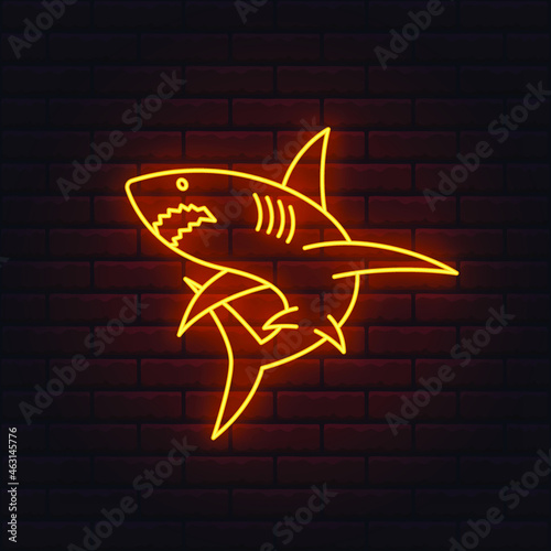 Bright shihing neon shark sign. Editable color and brightness. Vector. Danger, sports, sea, bar