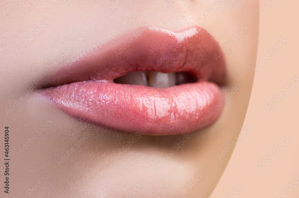 Close-up perfect natural lip with makeup, female mouth. Plump sexy sensual full  lips. Macro lips and mouth. Beautiful tender lips. фотография Stock | Adobe  Stock