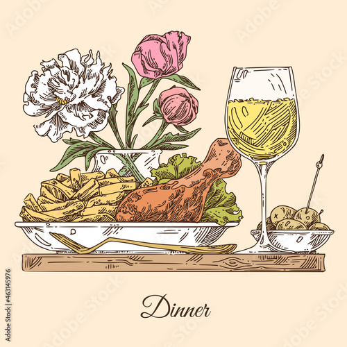 Dinner. Plate with frired chicken, potatoes and vegetable. Glass of wine, olives, and vase with bouquet pions.  Sketch. Engraving style. Vector illustration