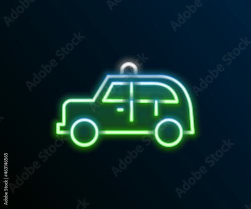 Glowing neon line Taxi car icon isolated on black background. Colorful outline concept. Vector