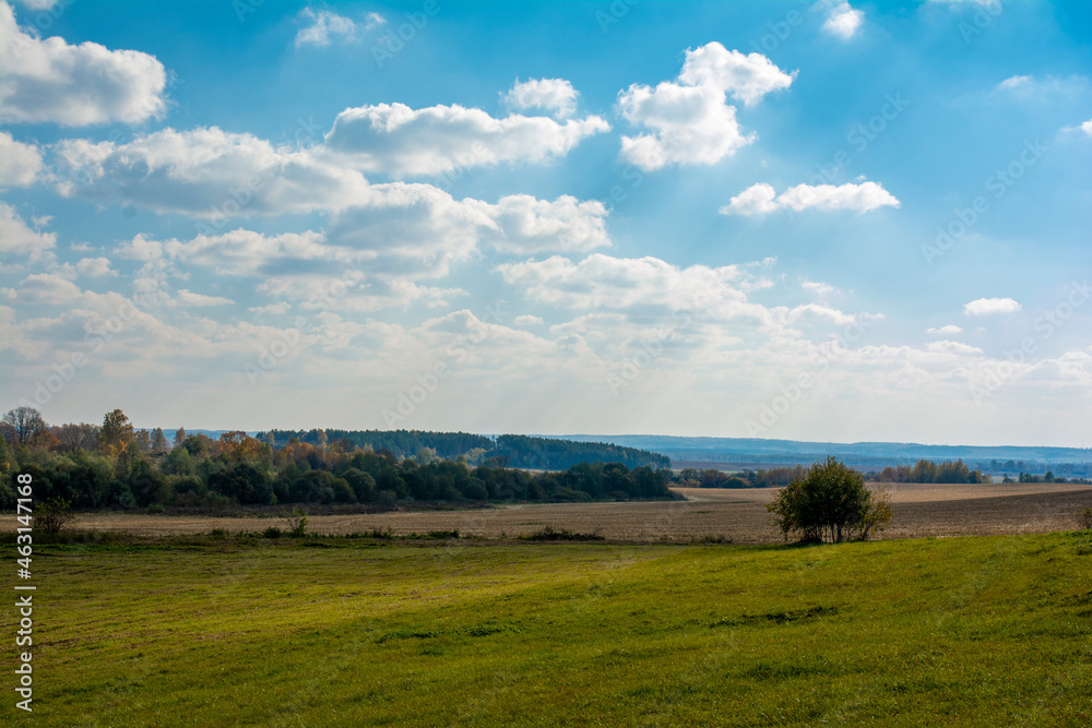 Panorama of a picturesque view of a plowed field and forested areas in the background in the fall in the morning