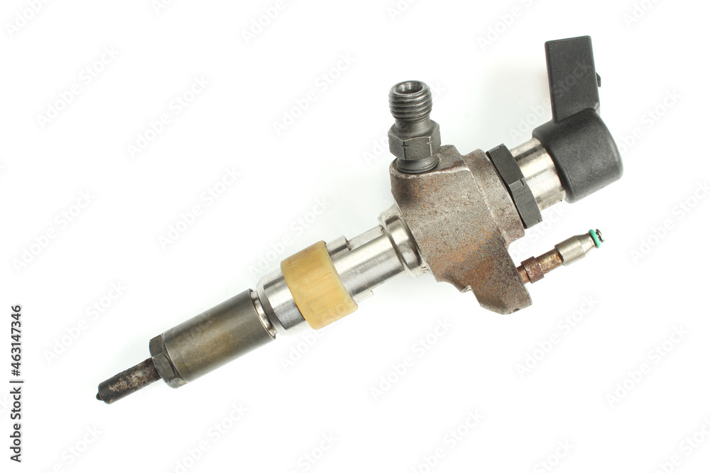 Used fuel injector. Rusty diesel engine nozzle part isolated on white background Used fuel injector. Rusty diesel engine nozzle part isolated on white background