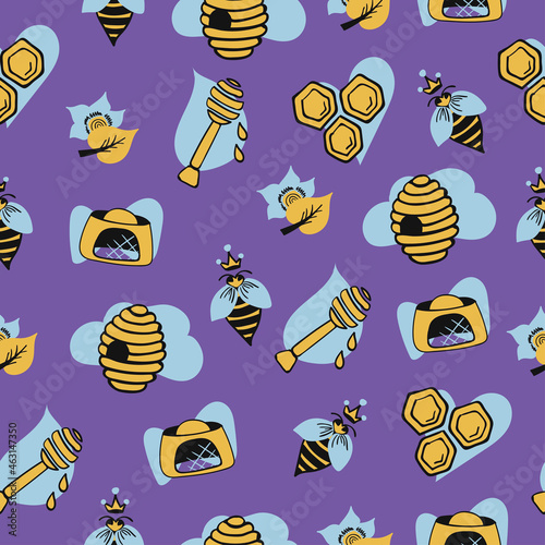 Beekeeping seamless pattern (vector, smyk) in yellow and blue shades. It can be used as prints on textile, packaging, gift paper, etc. photo