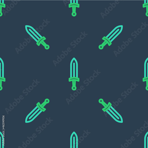 Line Medieval sword icon isolated seamless pattern on blue background. Medieval weapon. Vector