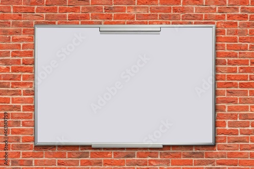 office Whiteboard. Empty whiteboard, empty space, brick wall texture