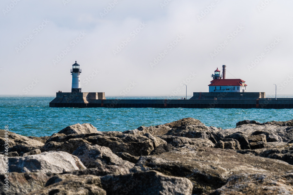 Two Duluth Minnesota lighthouses - North and South Breakwater, in Canal Park on Lake Superior