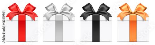 Vector set of white gift boxes with different color ribbons. Realistic giftbox in front view, isolated on white background.