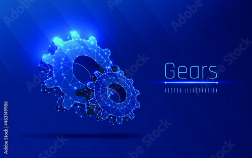 two gears symbol of mechanical engineering, mechanical engineering, equipment or machinery. Industry development, engine operation, business solution concept. wireframe abstraction or plexus. triangle