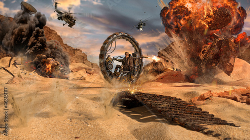 Obraz na plátně a mad man drives away from a monocycle chase by shooting a shotgun at a car in a