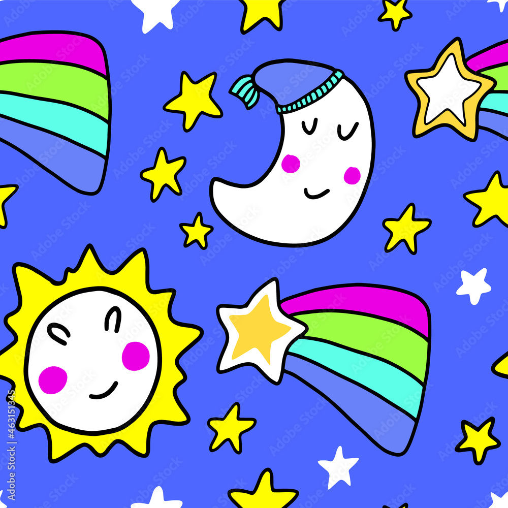 Girly seamless pattern with clouds, rainbows, rain. Cute childysh cartoon background. Simple kids drawing. Vector illustration Girly seamless pattern with clouds, rainbows, rain. Cute childysh cartoon background. Simple kids drawing. Vector illustration