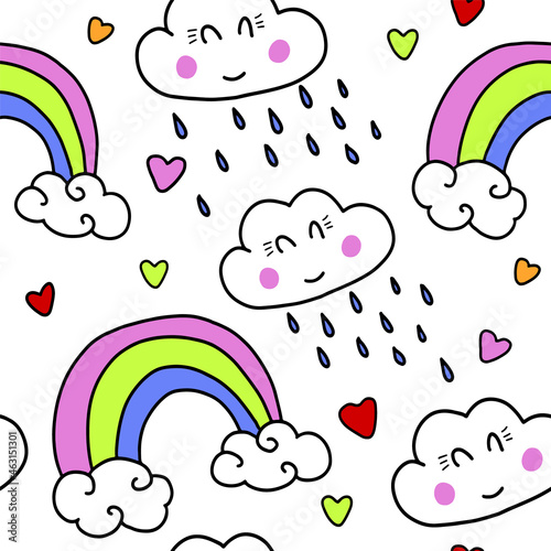 Girly seamless pattern with clouds, rainbows, rain. Cute childysh cartoon background. Simple kids drawing. Vector illustration