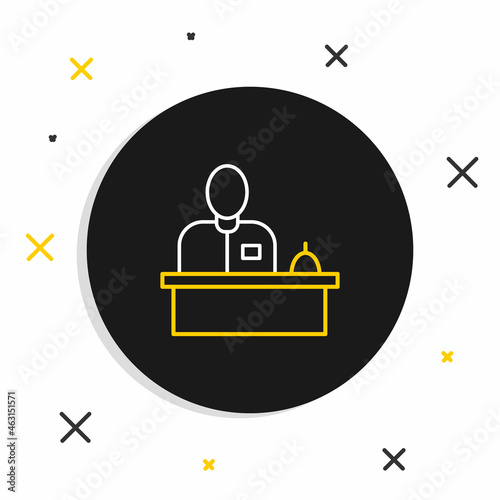 Line Receptionist standing at hotel reception desk icon isolated on white background. Colorful outline concept. Vector