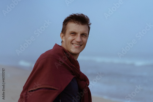 Sandy Hook Beach, New Jersey, USA, attractions for tourists. young man on the beach of the atlantic ocean photo