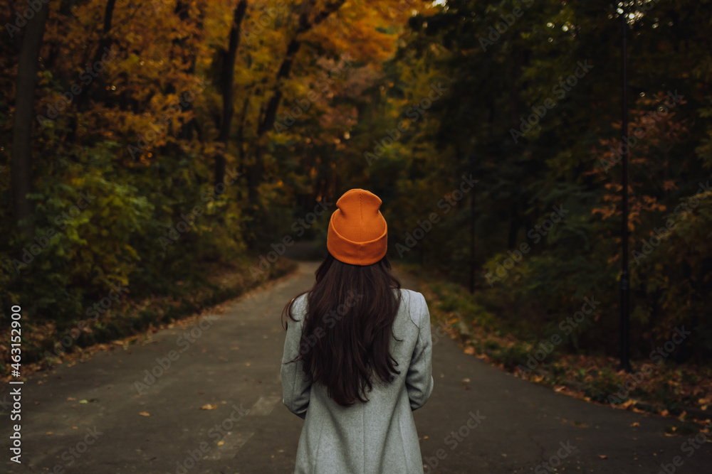 Back view of young girl walking alone on the street in autumn