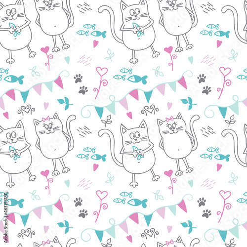 Print, cute delicate pattern with cats, hearts, fishes, flowers and flags in love