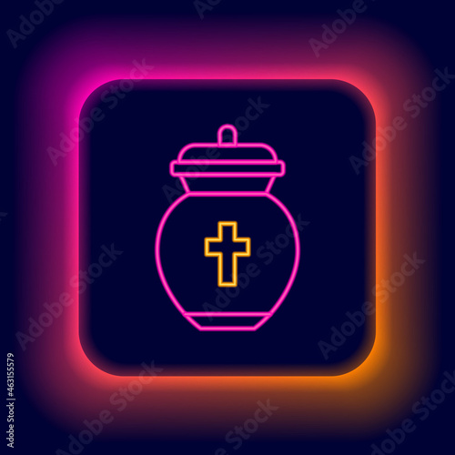 Glowing neon line Funeral urn icon isolated on black background. Cremation and burial containers, columbarium vases, jars and pots with ashes. Colorful outline concept. Vector