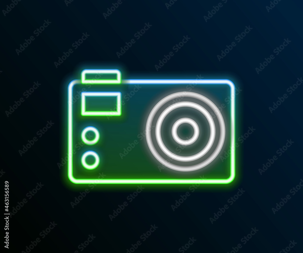 Glowing neon line Photo camera icon isolated on black background. Foto camera. Digital photography. Colorful outline concept. Vector Glowing neon line Photo camera icon isolated on black background. Foto camera. Digital photography. Colorful outline concept. Vector