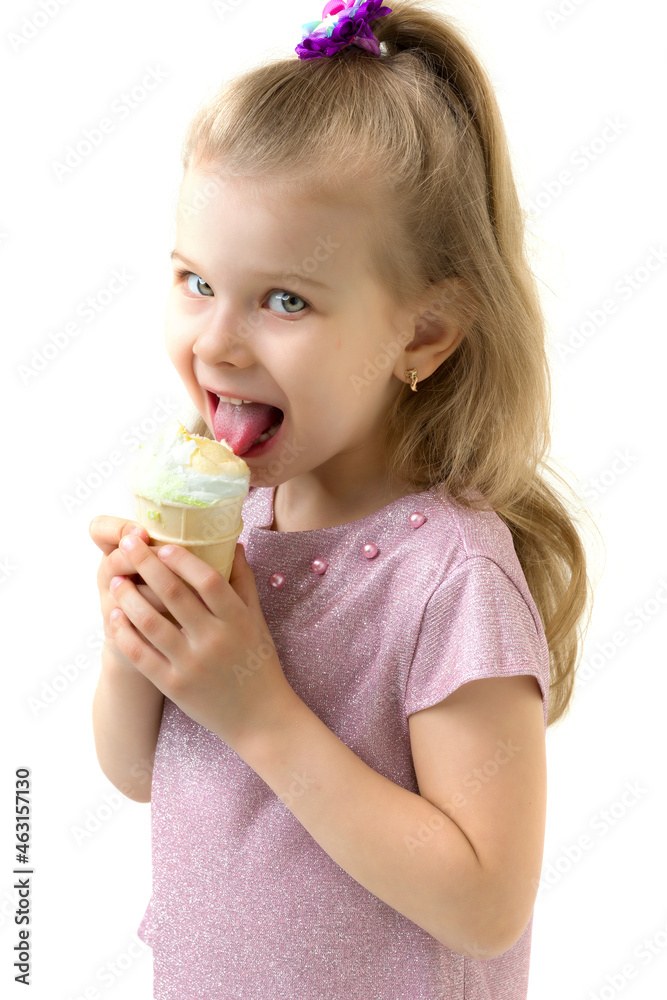 Little girl in casual outfit eating ice cream Little girl in casual outfit eating ice cream
