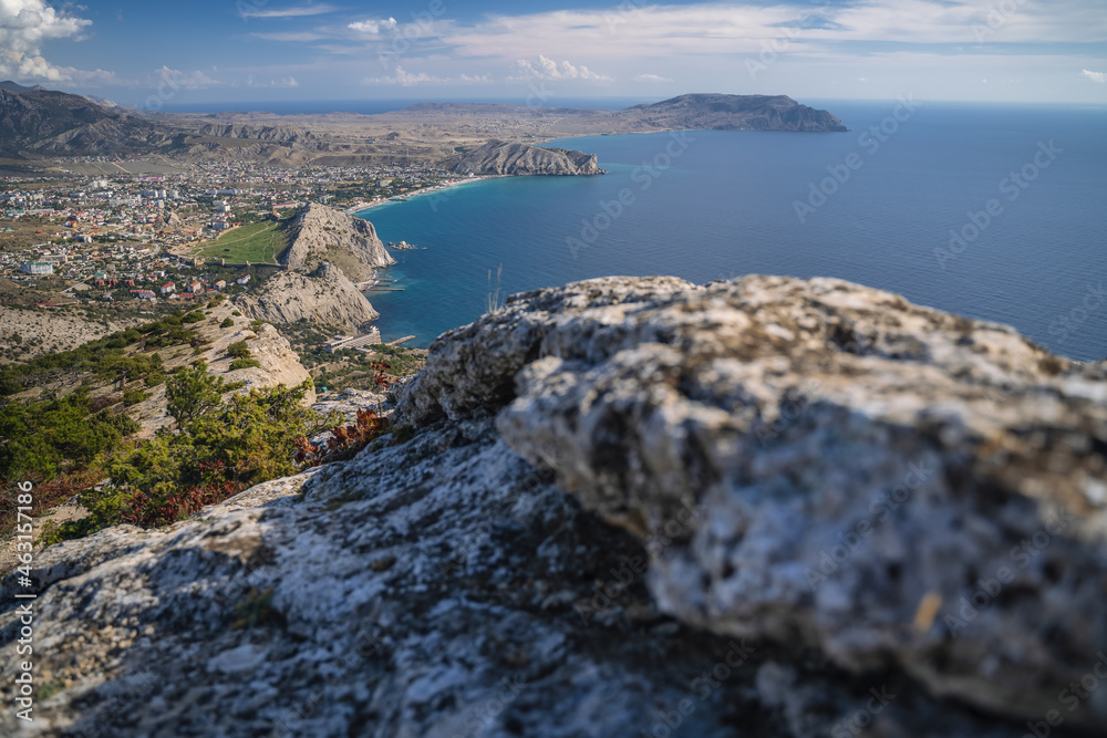 Scenic Panoramic view towards Kapsel valley and cape Meganom, Alchak, near resort city Sudak in Crimea