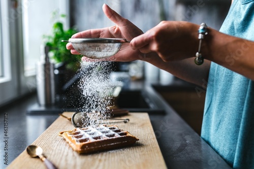 Breakfast waffles with fresh raspberries