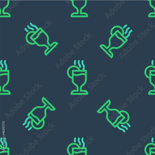 Line Mulled wine with glass of drink and ingredients icon isolated seamless pattern on blue background. Cinnamon stick, clove, lemon slice. Vector
