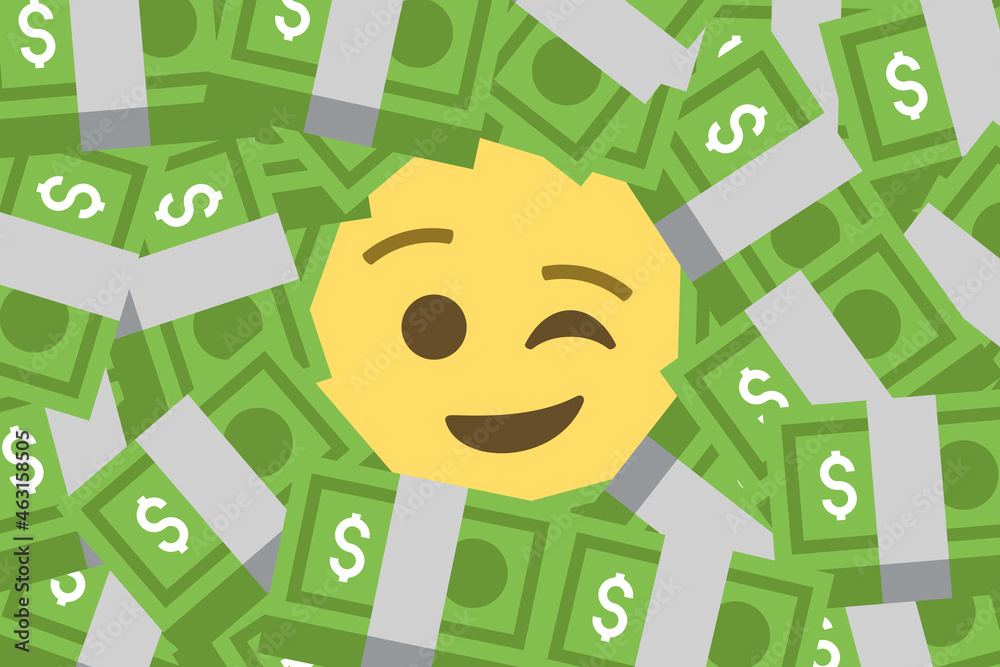 winking face emoji amid heap of dollars banknotes,vector illustration ...