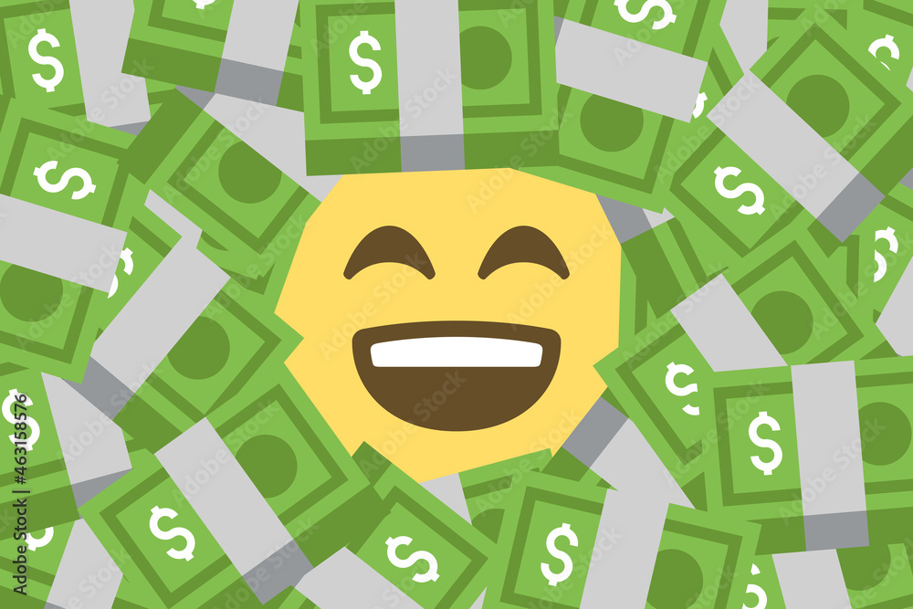 happy face emoji amid heap of dollars banknotes,rich,wealth,oligarchs ...