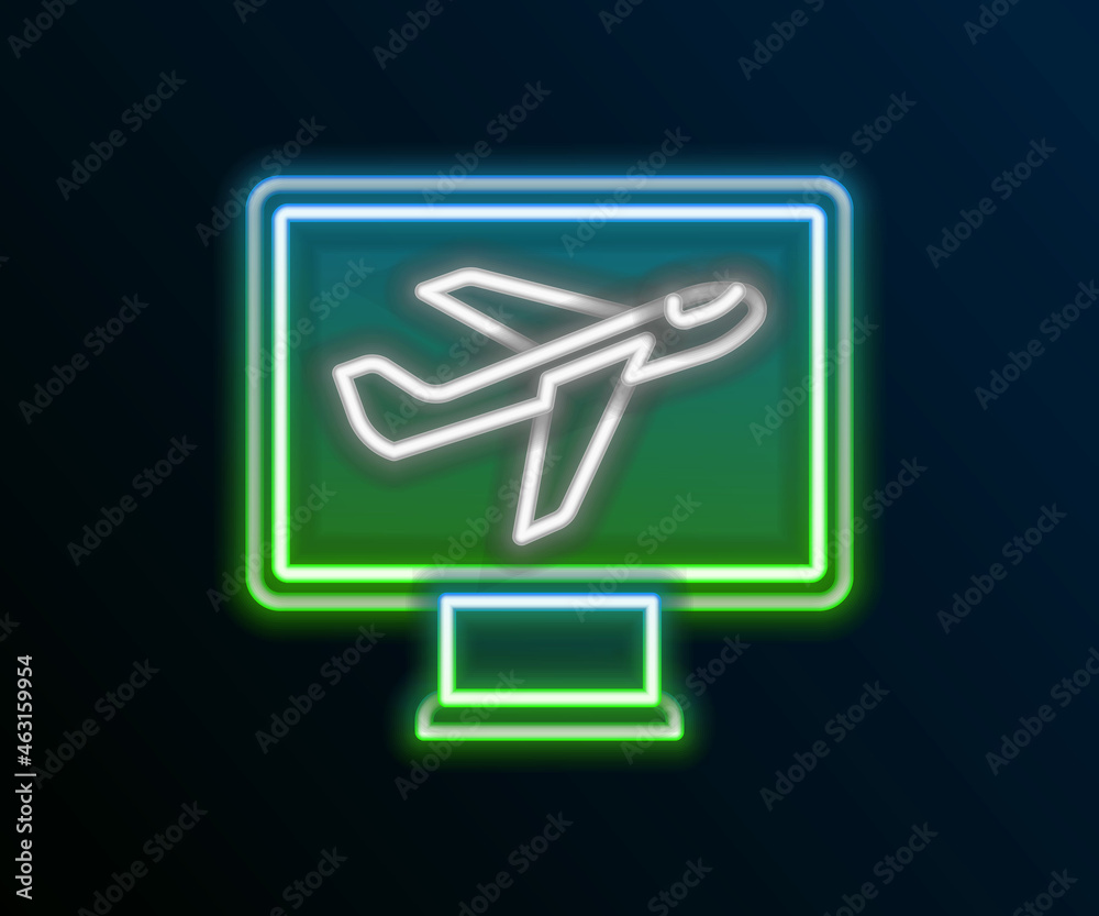 Glowing neon line Plane icon isolated on black background. Flying airplane icon. Airliner sign. Colorful outline concept. Vector