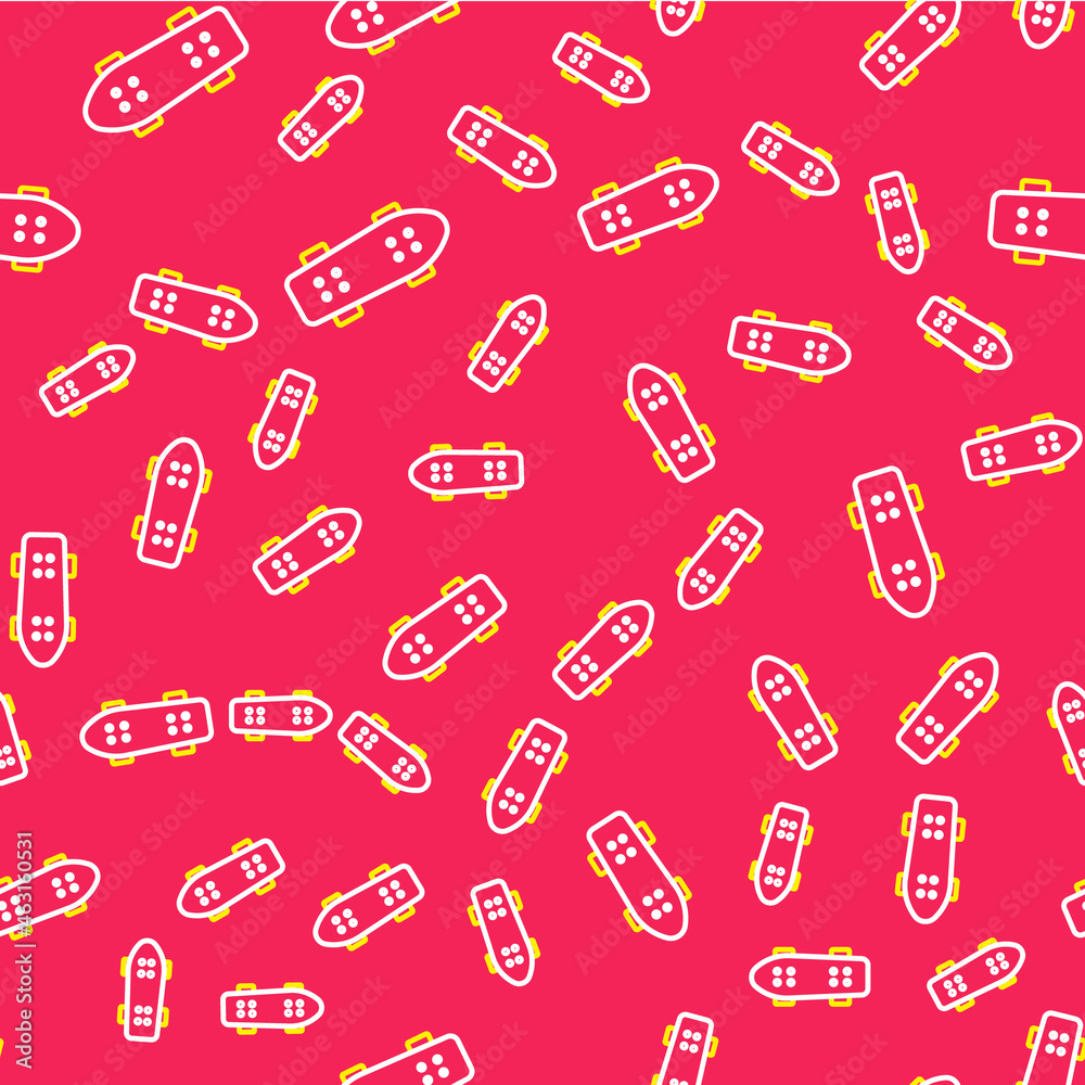 Line Skateboard icon isolated seamless pattern on red background. Extreme sport. Sport equipment. Vector Line Skateboard icon isolated seamless pattern on red background. Extreme sport. Sport equipment. Vector