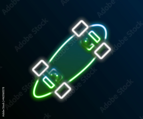 Glowing neon line Longboard or skateboard cruiser icon isolated on black background. Extreme sport. Sport equipment. Colorful outline concept. Vector
