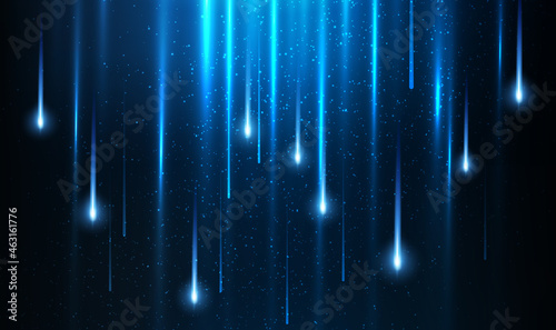 Meteor rain with falling glowing comets. Abstract light digital background. Neon Light Particles, luminous rays in motion, technology, network. falling glowing neon lights. Falling stars. Vector EPS10