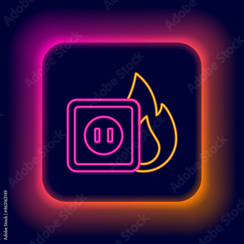Glowing neon line Electric wiring of socket in fire icon isolated on black background. Electrical safety concept. Plug outlet on fire. Colorful outline concept. Vector