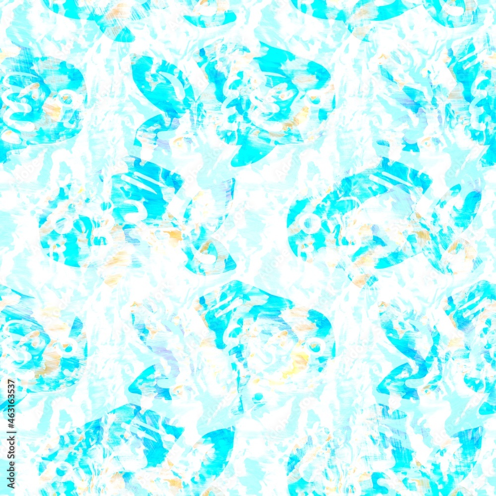 Batik fish tie dye wash background. Mottled underwater swimming fishes for beach swimwear. Fun summer trendy beach fashion print. Digital fluid watercolor effect. High resolution seamless pattern.