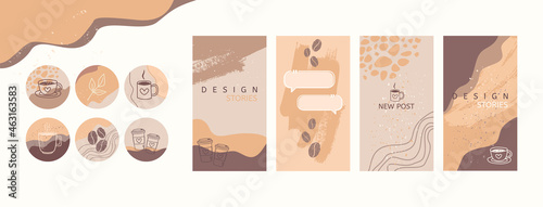 Social media stories and post templates set. Vector highlight covers or icons with hand drawn cups of coffee and coffee beans