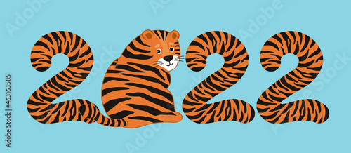 Cartoon cute happy tiger sits back. Happy Chinese New Year 2022 card