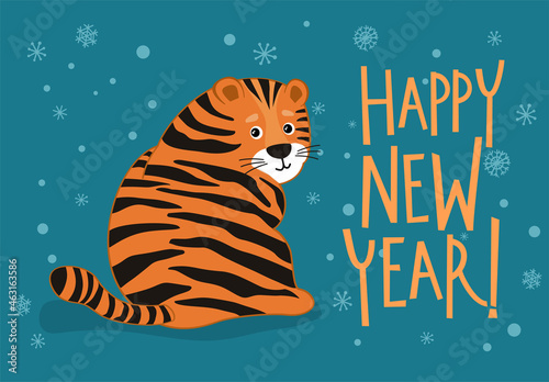 Cartoon cute happy tiger sits back. Happy Chinese New Year 2022 greeting card