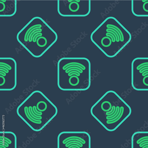 Line Wi-Fi wireless internet network symbol icon isolated seamless pattern on blue background. Vector