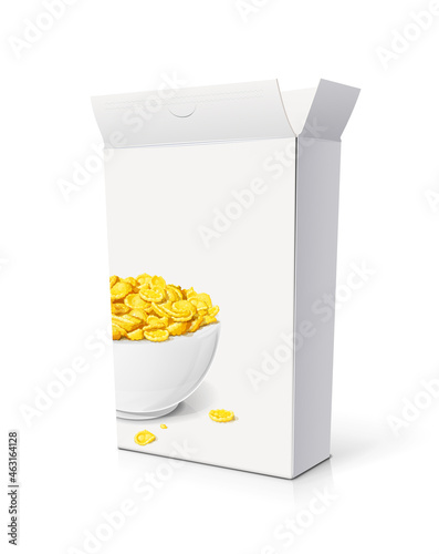Cornflakes in ceramic bowl. Traditional dry corn flakes breakfast food, Isolated on white background. Vector illustration.