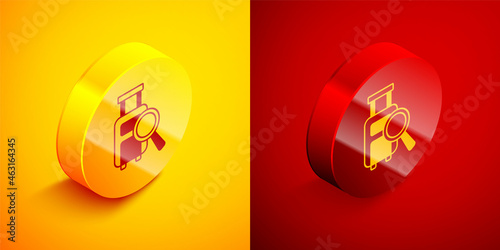 Isometric Airline service of finding lost baggage icon isolated on orange and red background. Search luggage. Circle button. Vector
